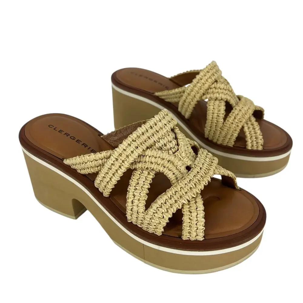 Clergerie Chermy Raffia Platform Mules Beige Natural Size 36